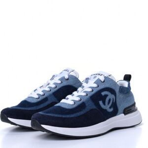 Chanel Denim Suede Calfskin Womens CC Sneakers Size 37 Dark Blue